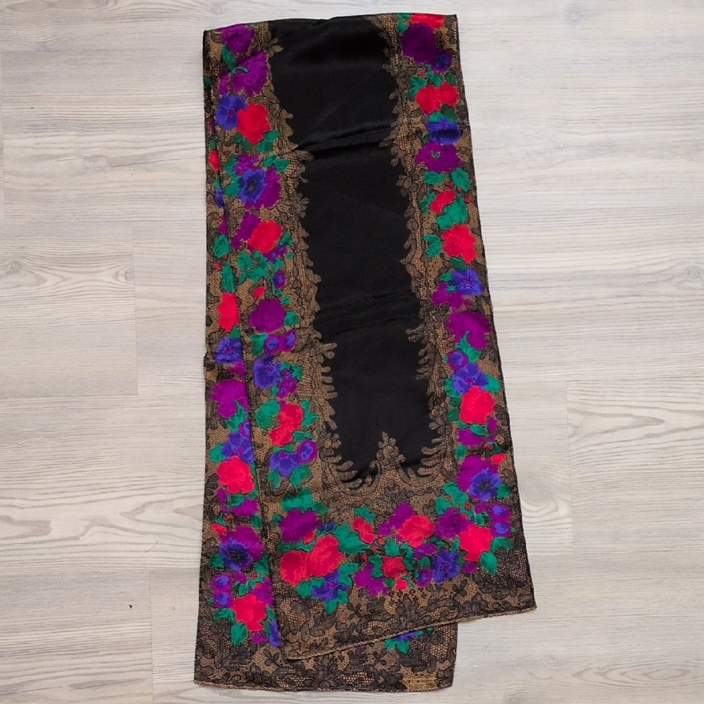 Liz Claiborne Black Scarf with Colorful Floral Design